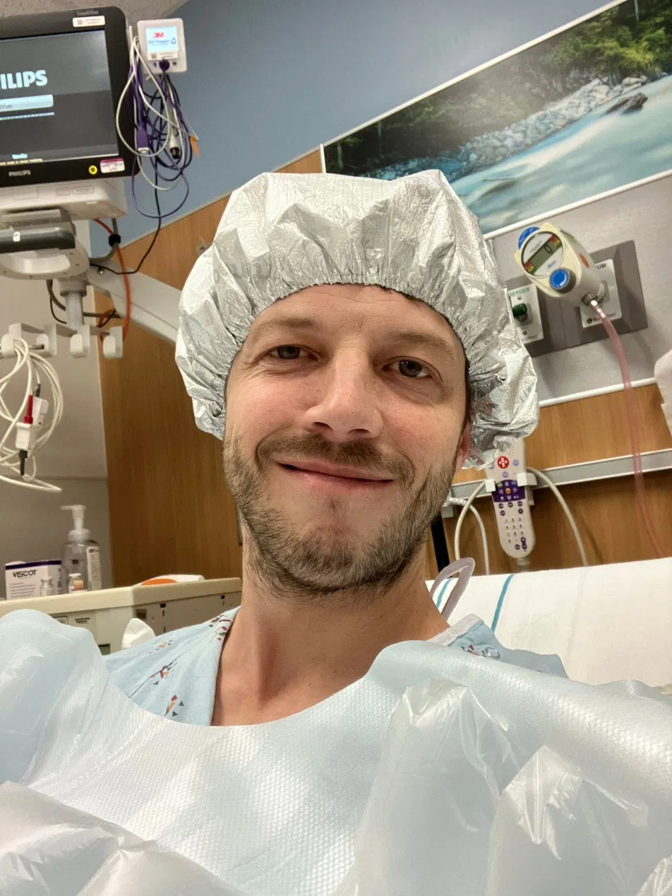Joshua in a surgical cap just before his Achilles surgery
